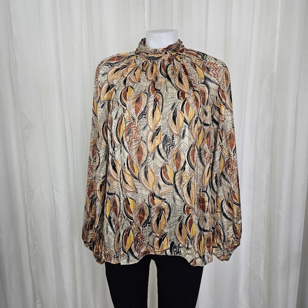 Traffic People High Neck Blouse Leaf Pattern Balloon Sleeve Medium